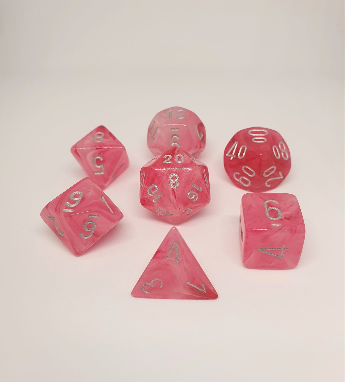 CHESSEX GHOSTLY GLOW PINK/SILVER POLYHEDRAL 7 DIE SET